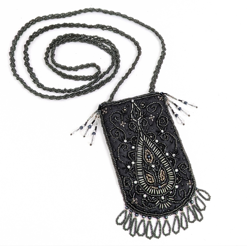 Satin Beaded Mini Pouch Crossbody Flapper Victorian Ornate Evening Bag Black